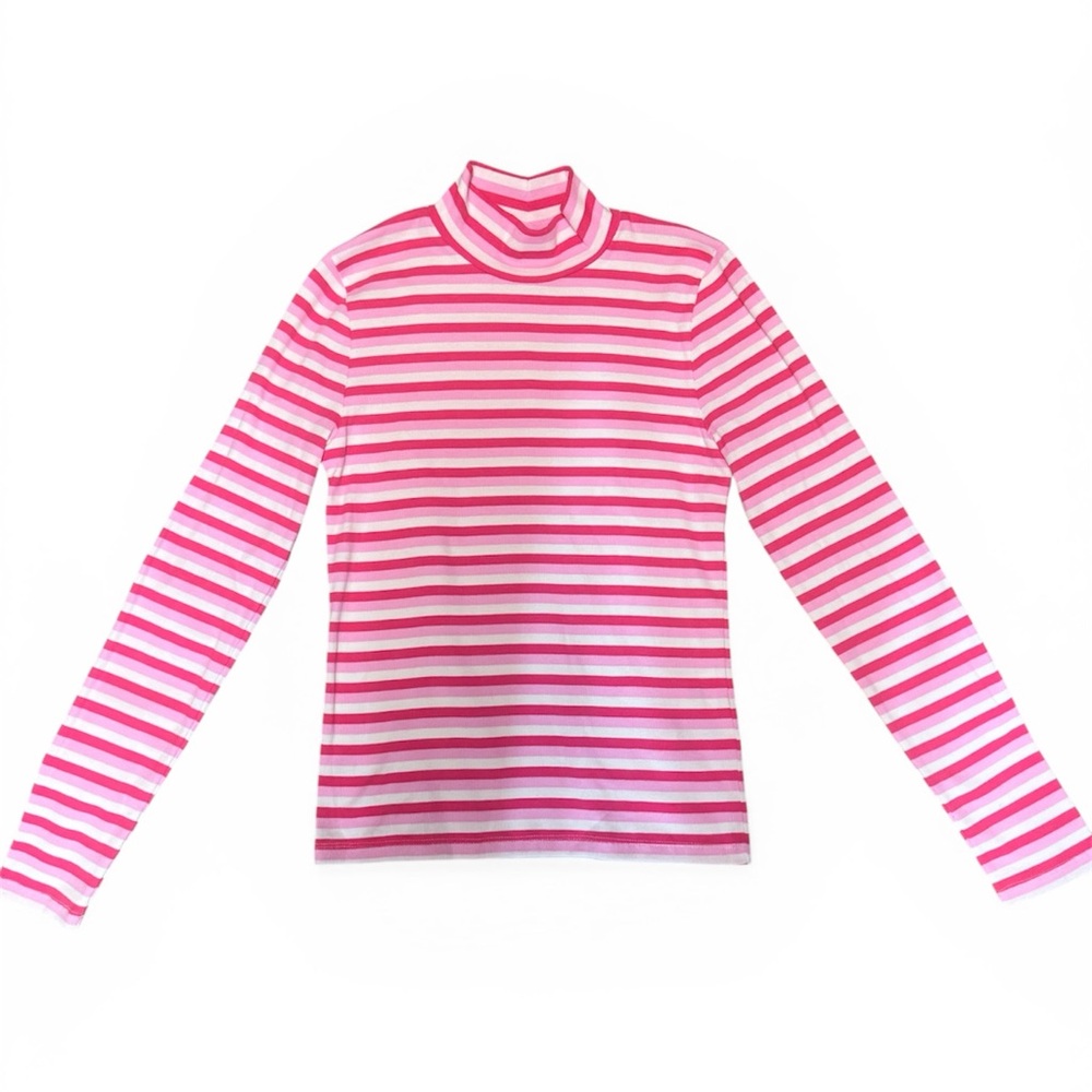 J. Crew Factory Like New Pink and White Striped Ribbed Turtleneck Top
